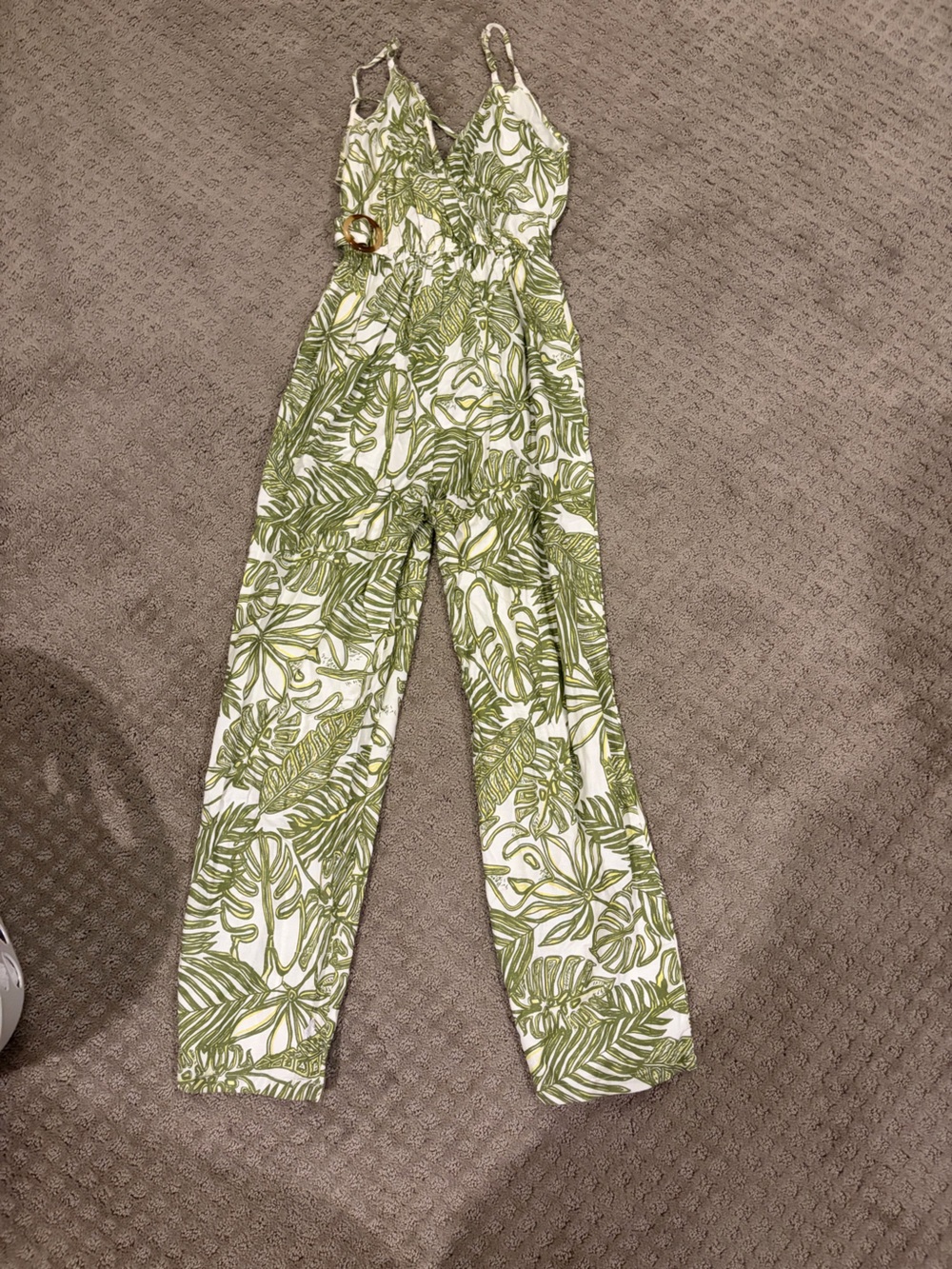 Green Leaf Print Womens Jumpsuit with Tie Waist - Picture 2 of 3